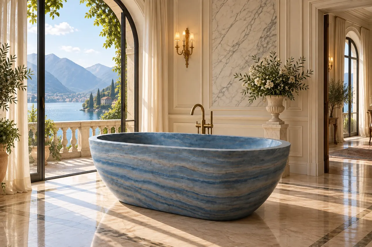 Azul Macaubas quartzite bath in a marble bathroom with Lake Como mountain view