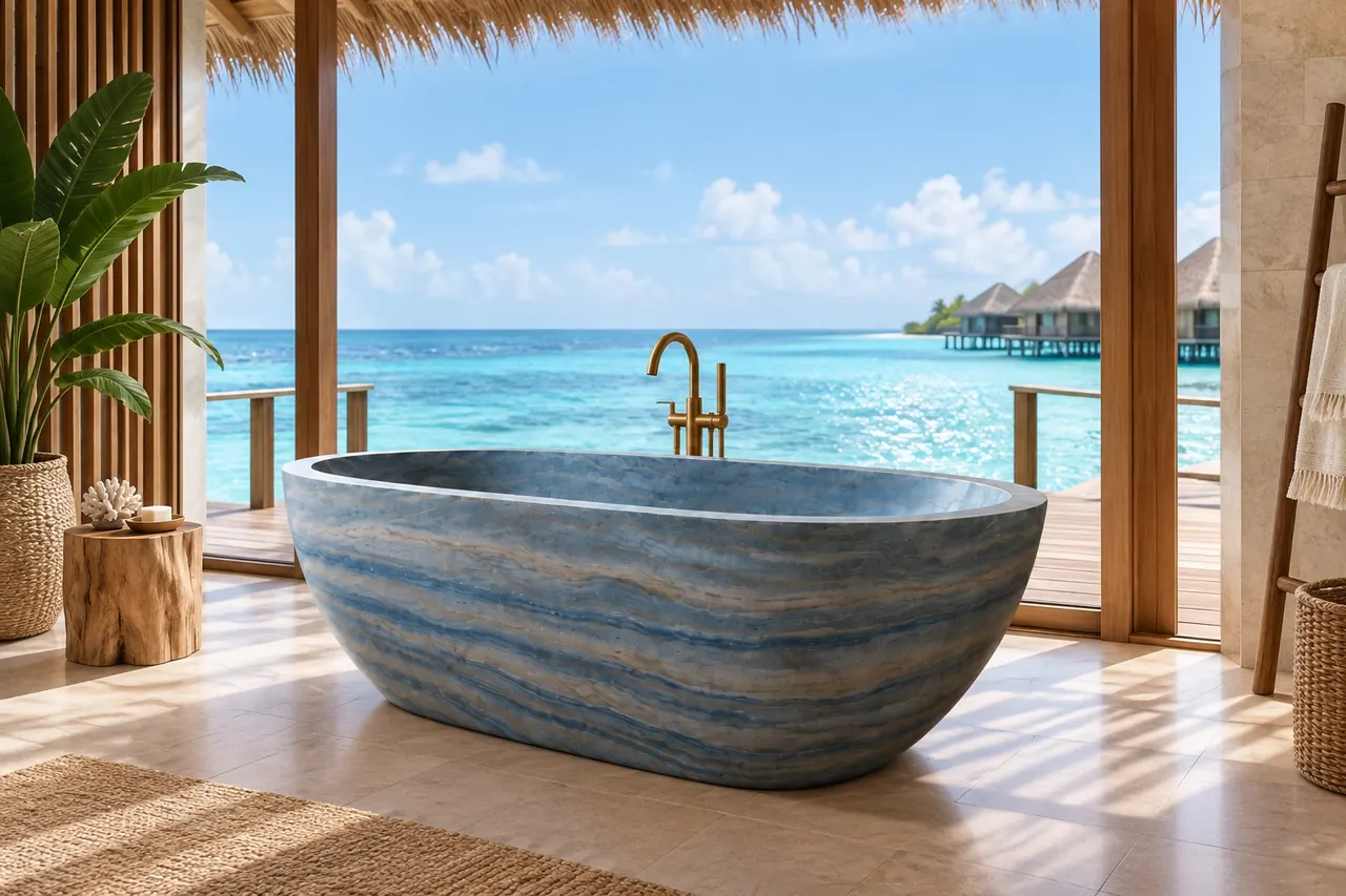 Azul Macaubas quartzite bath in an overwater villa in the Maldives