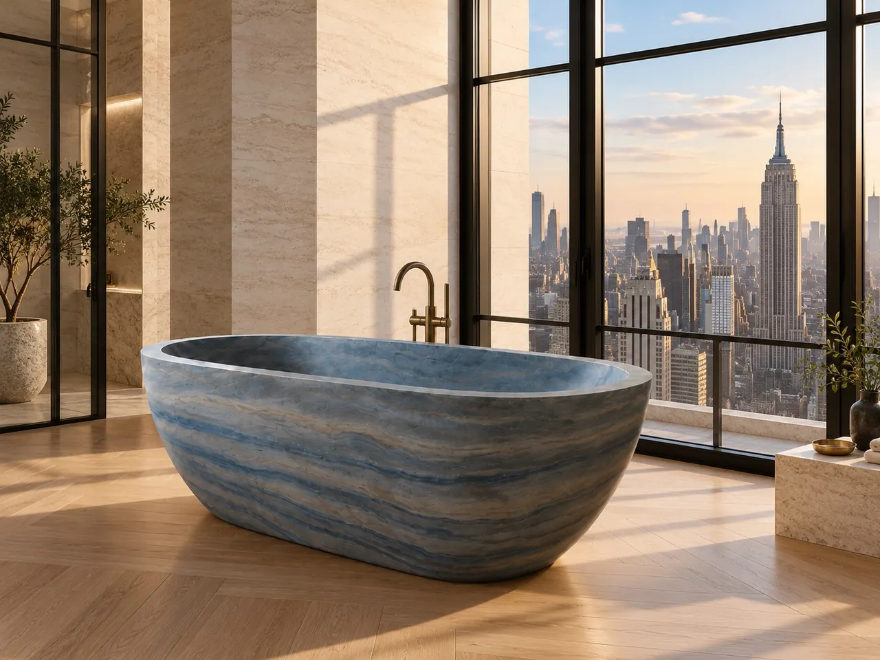 Azul Macaubas quartzite bath in a penthouse with New York City skyline view