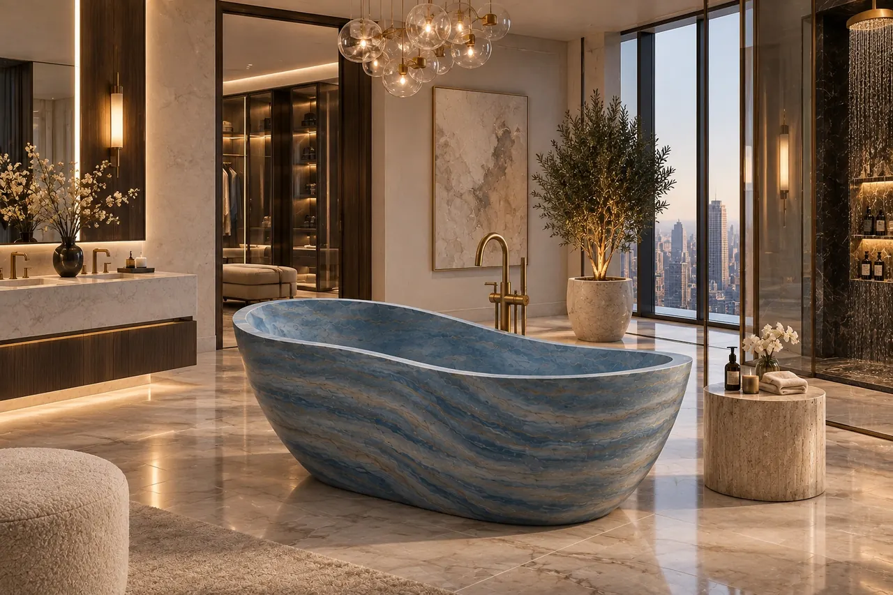 Azul Macaubas quartzite bath in a penthouse bedroom with chandelier and city view