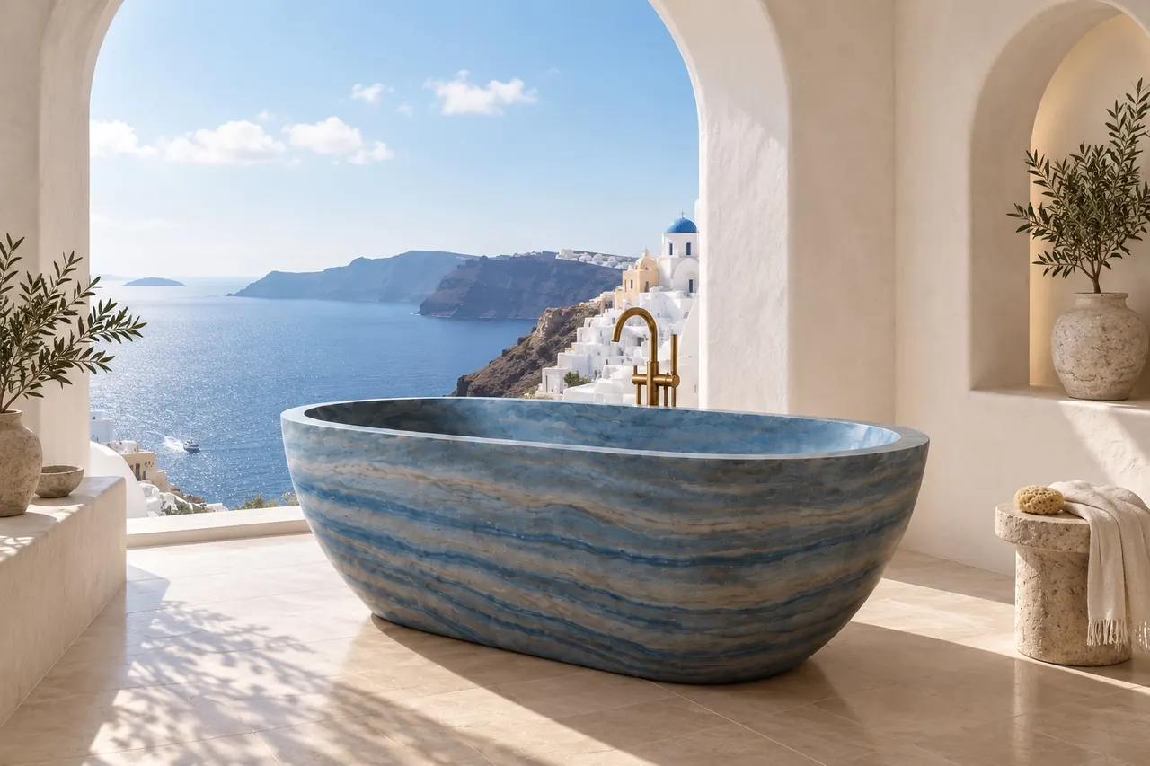 Azul Macaubas quartzite bath beneath a Santorini archway with sea view