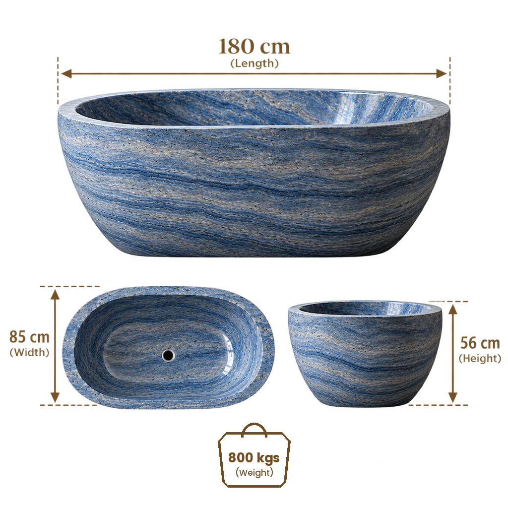 Azul Macaubas quartzite bathtub dimensions: 180cm length, 85cm width, 56cm height, 800kg