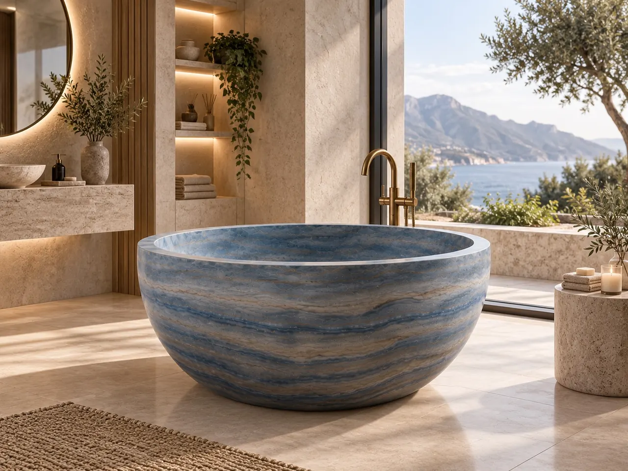 Round Azul Macaubas quartzite bath with Amalfi coast view