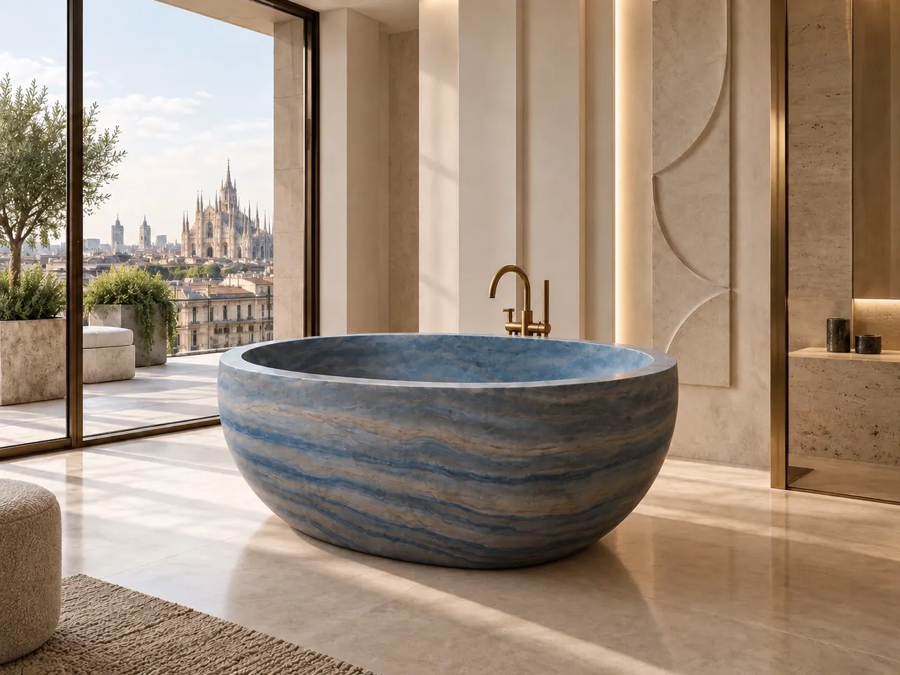Round Azul Macaubas quartzite bath with Milan Duomo view