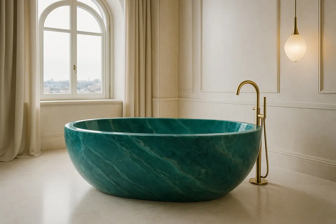 Green malachite bath in a desert-view bathroom