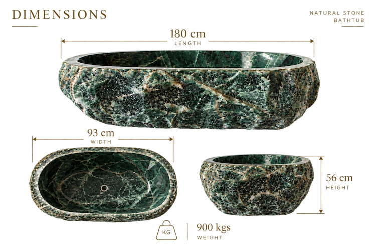Green malachite bathtub dimensions: 180cm length, 93cm width, 56cm height, 900kg