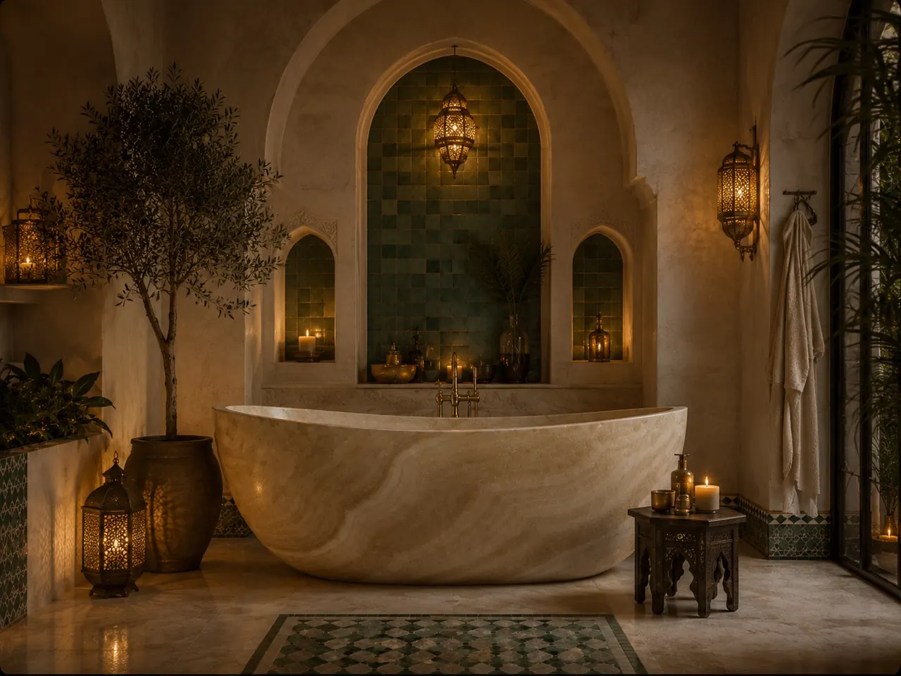 Himalayan onyx bath in a dark Moroccan-style spa bathroom with olive tree and lanterns