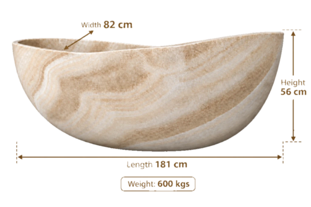 Himalayan onyx bathtub dimensions: 181cm length, 82cm width, 56cm height, 600kg