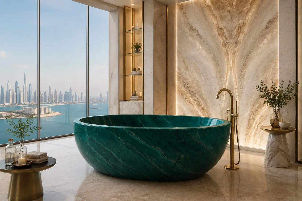 Green malachite bath with Burj Khalifa skyline view