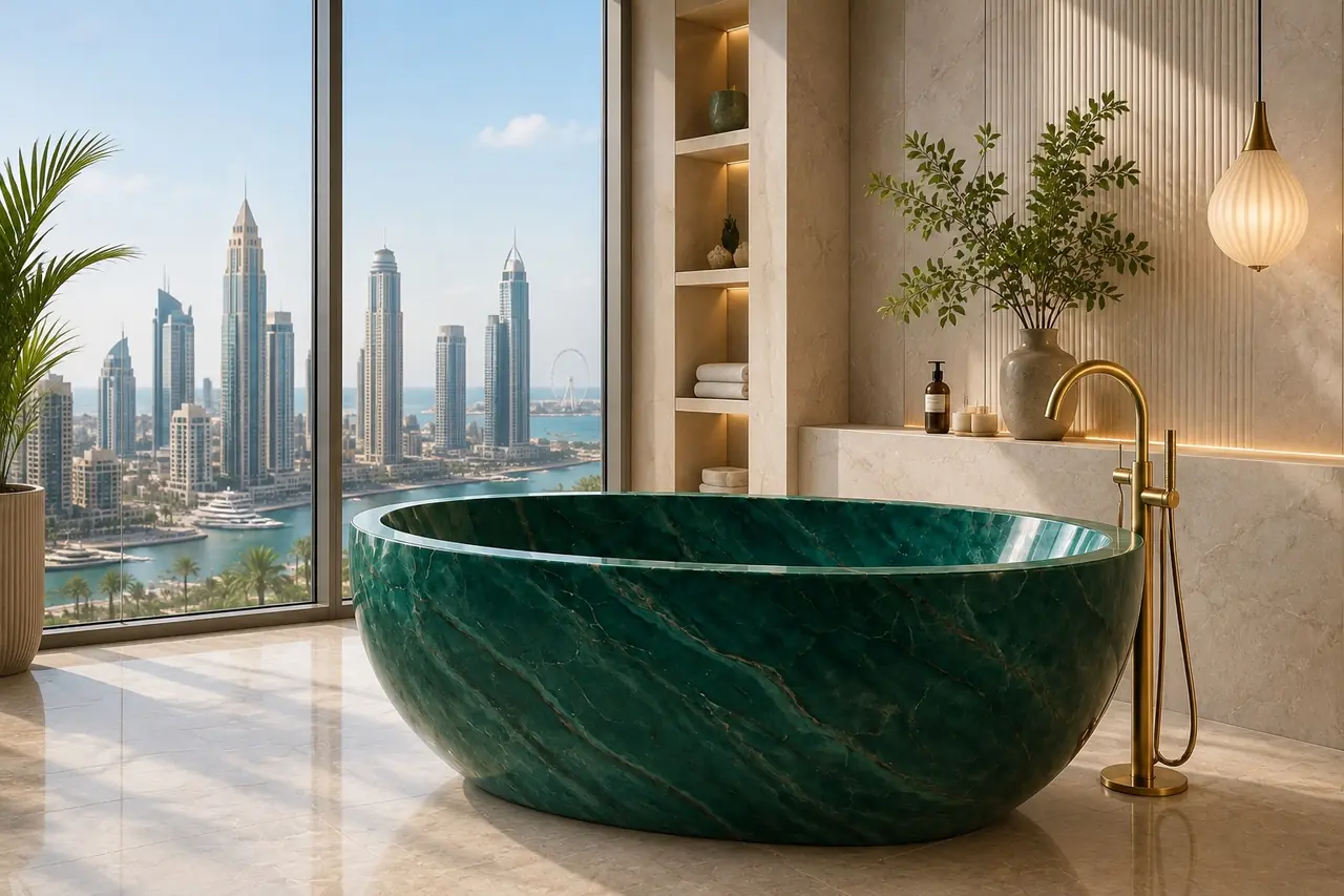 Green malachite bath with Dubai Marina skyline view