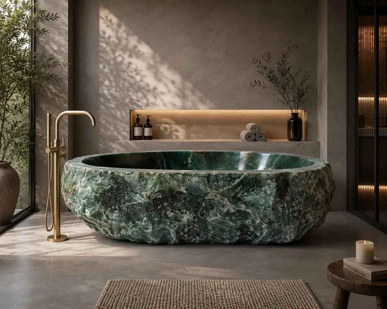 Rough-hewn green malachite bath in a moody modern interior