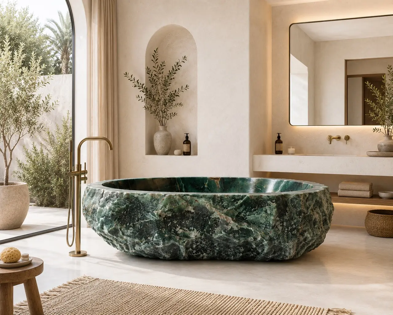 Rough-hewn green malachite bath in a Moroccan-style bathroom