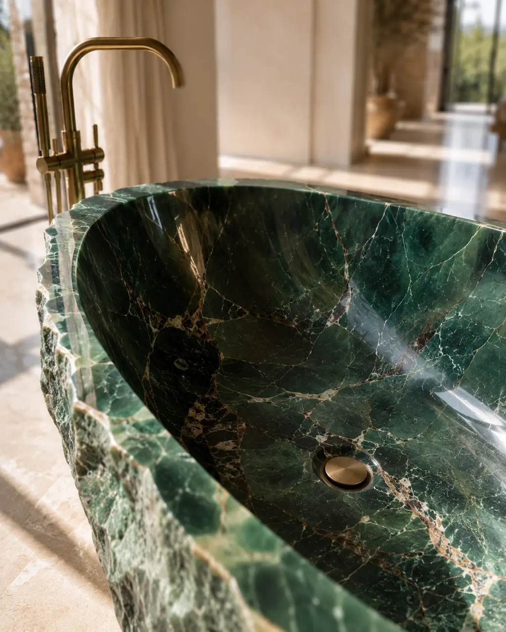 Detail of the polished interior and drain of a green malachite bath
