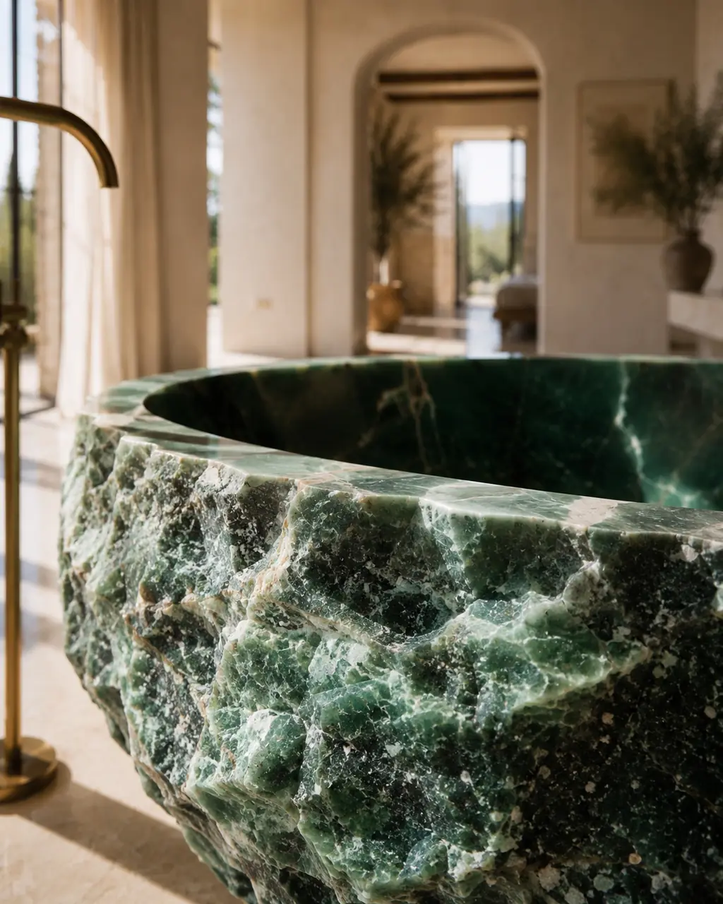 Detail of the raw carved exterior texture of a green malachite bath
