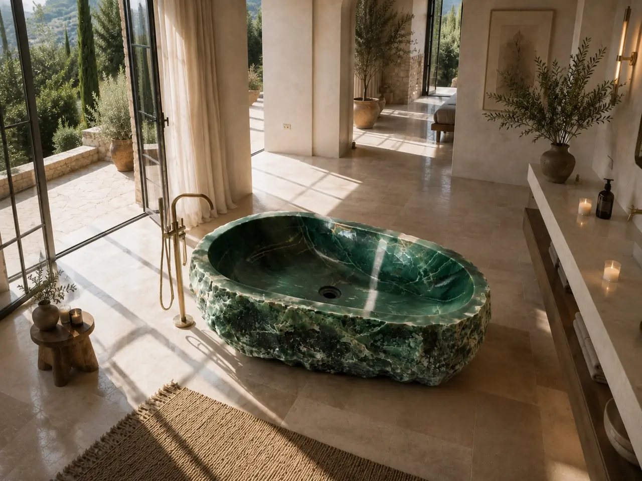 Green malachite bath with a Tuscan villa terrace view