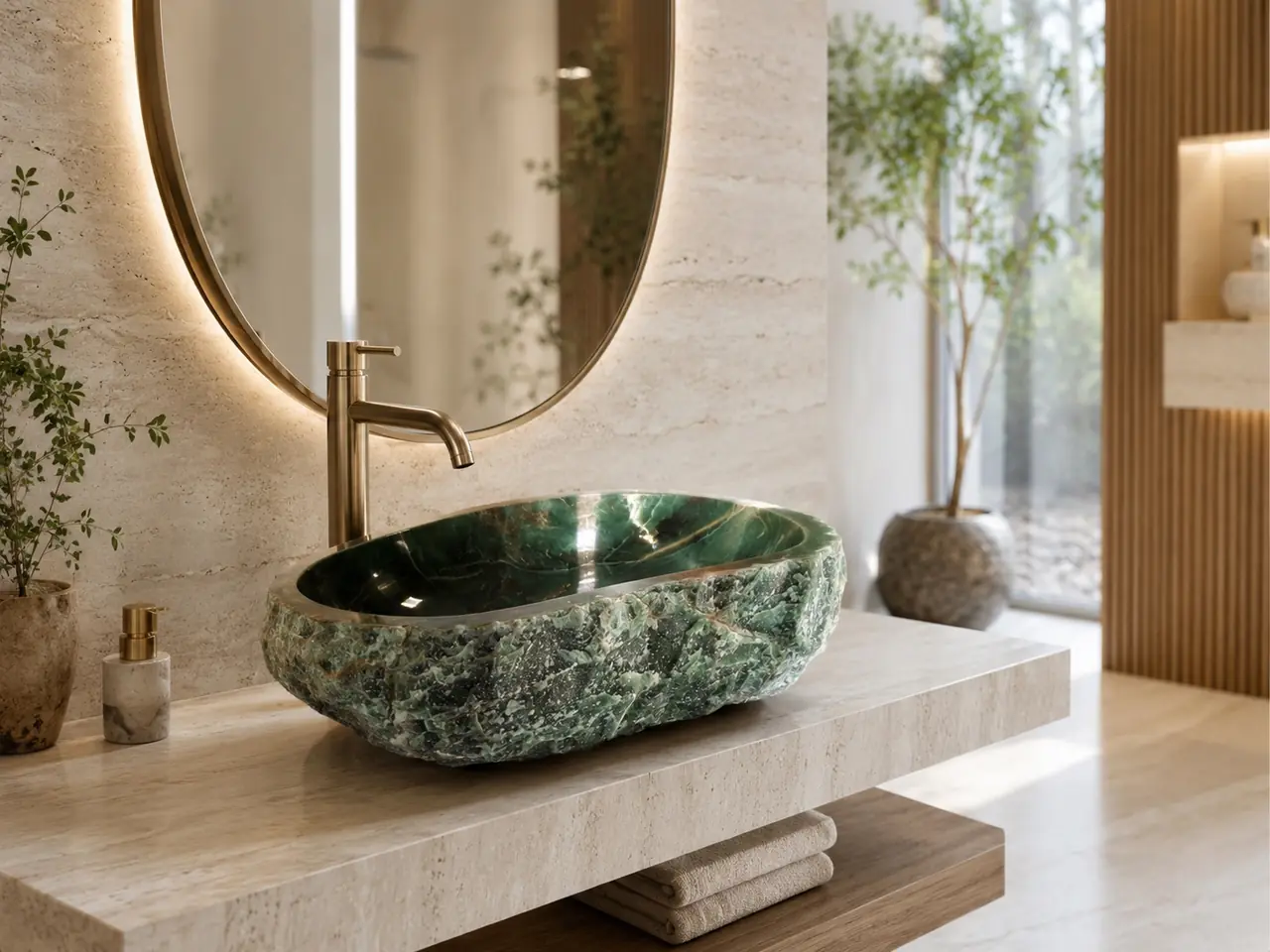 Green malachite vessel sink on a travertine vanity