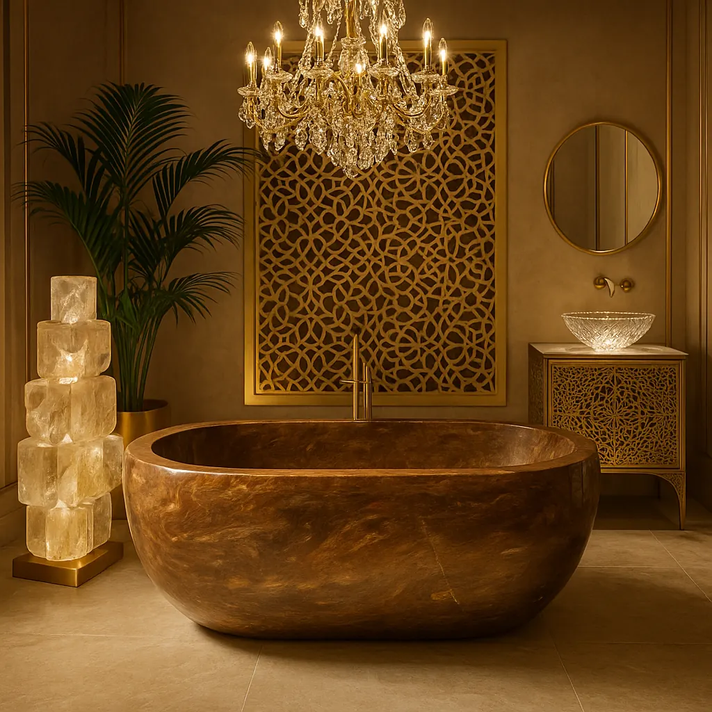 Petrified wood bath with Burj Khalifa night skyline view