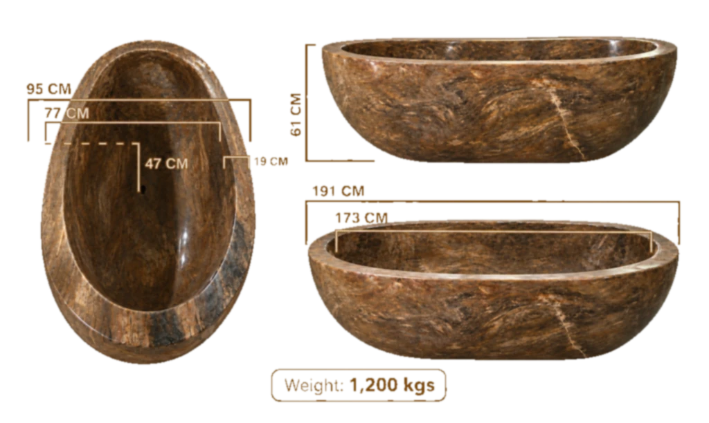 Petrified wood bathtub dimensions: 191cm length, 173cm interior length, 95cm width, 77cm interior width, 61cm height, 47cm depth, 19cm rim thickness, 1200kg