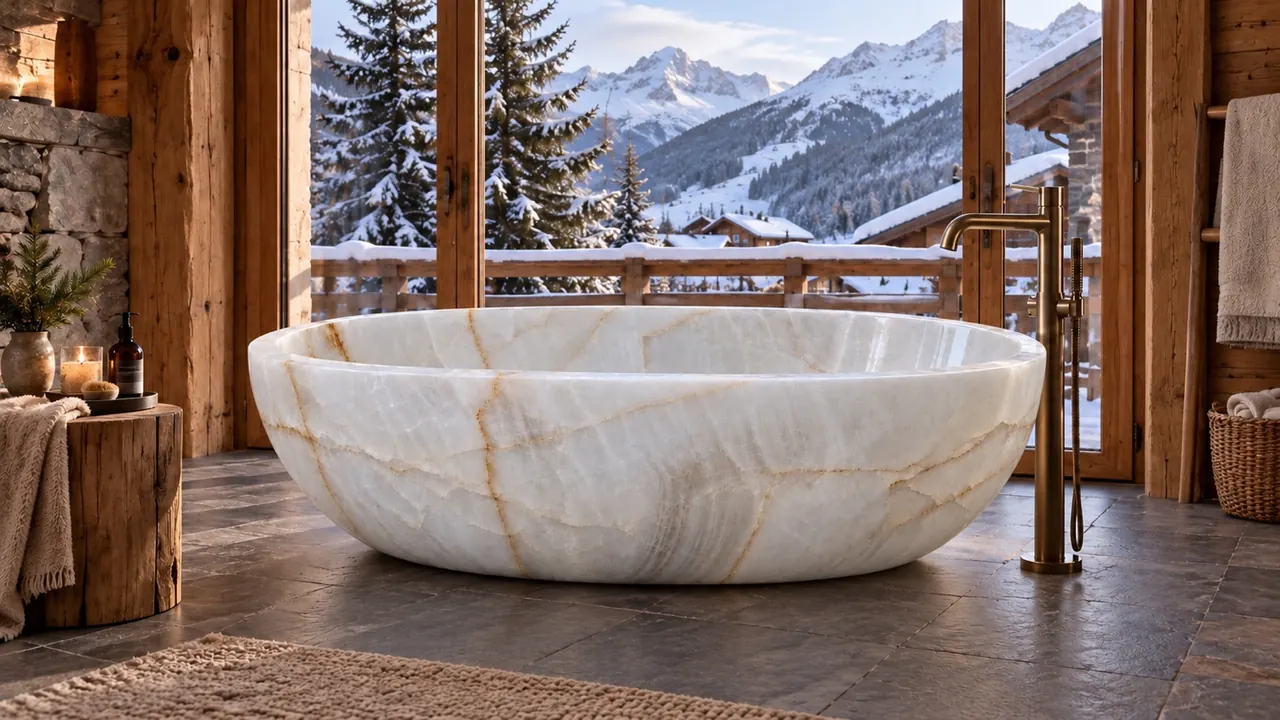 Rock crystal bath in a wooden chalet with snowy mountain view