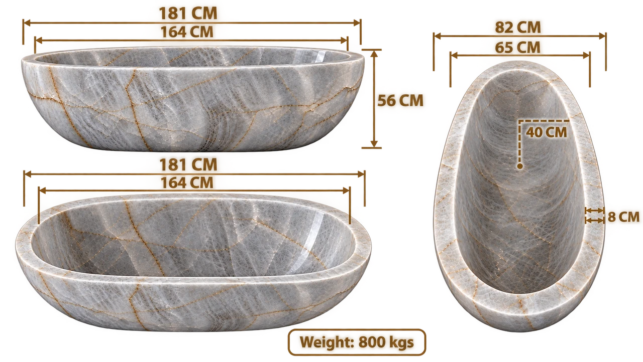 Rock crystal bathtub dimensions: 181cm length, 164cm interior length, 82cm width, 65cm interior width, 56cm height, 40cm depth, 8cm rim thickness, 800kg weight