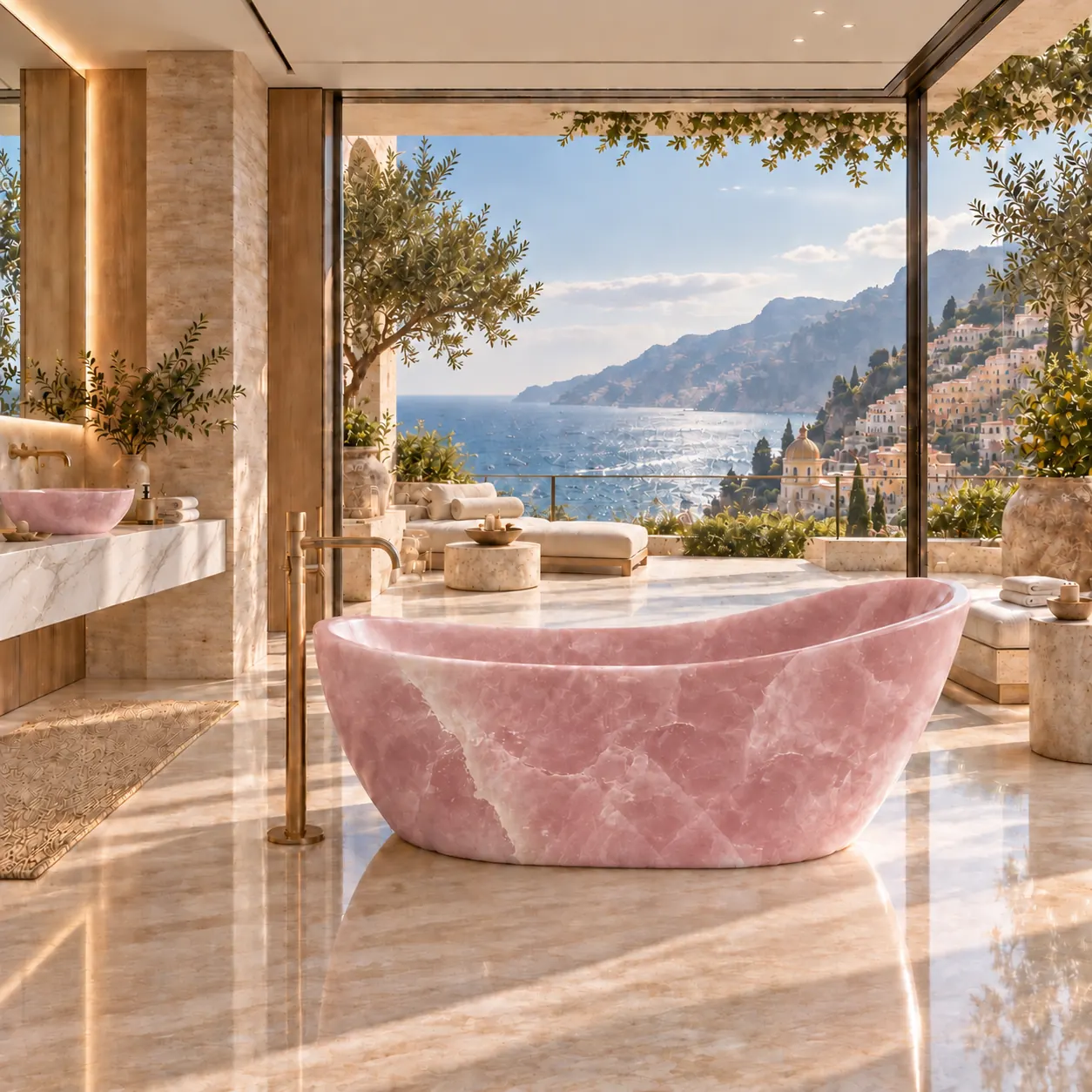 Rose quartz bath on a terrace overlooking the Amalfi coast