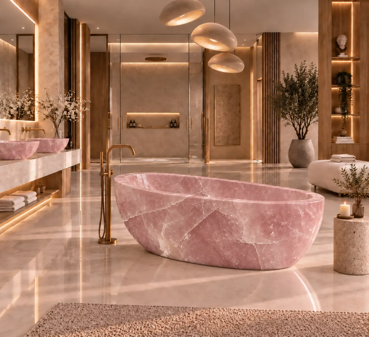 Rose quartz bath in a bright spa bathroom with mirrored vanity