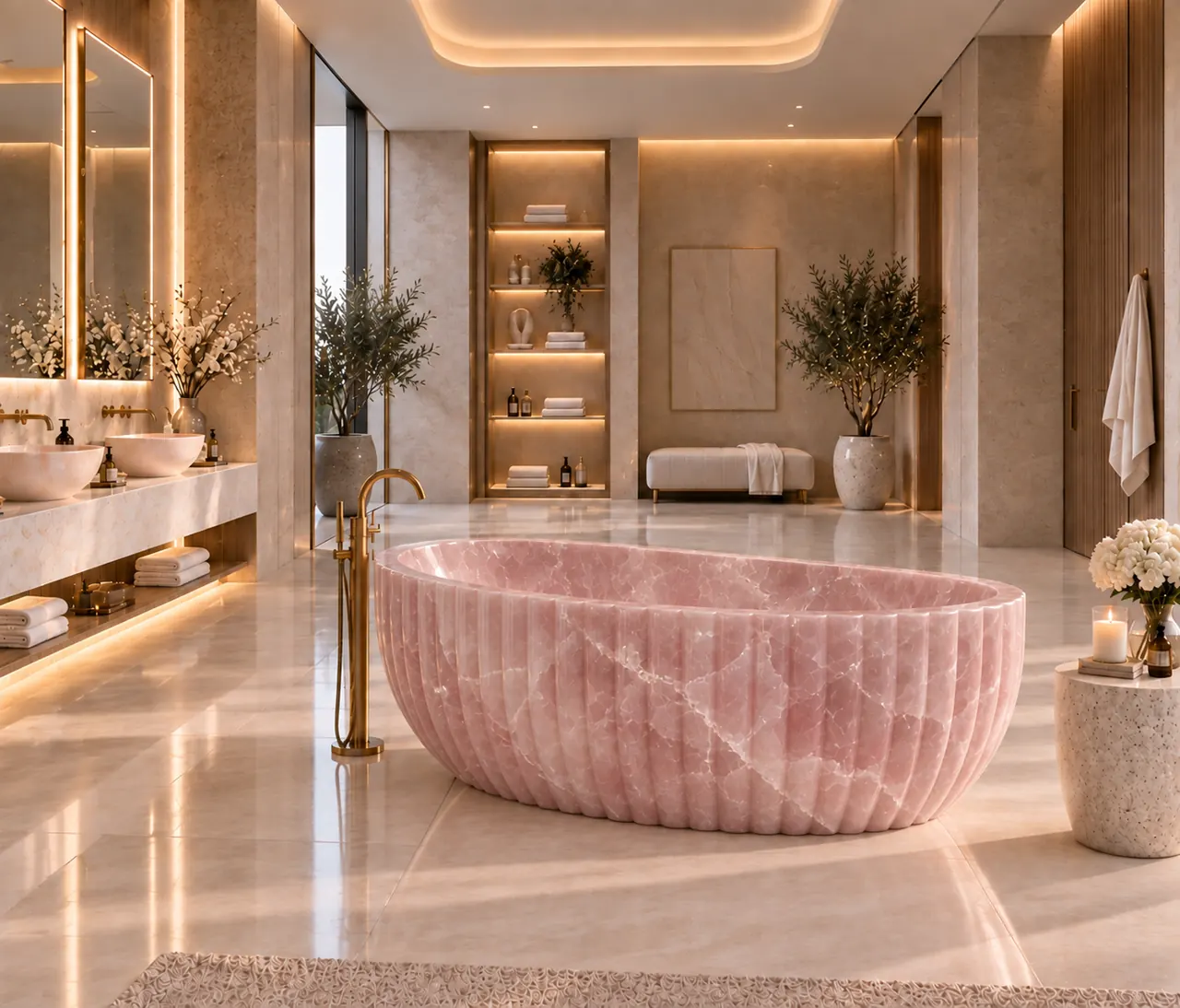 Fluted rose quartz bath in a luxury spa bathroom with pendant lighting