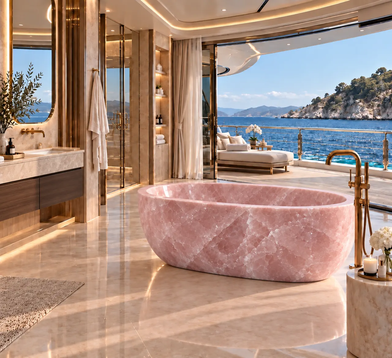 Rose quartz bath on a superyacht deck with ocean view