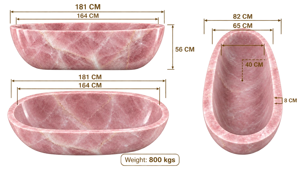 Rose quartz bathtub dimensions: 181cm length, 164cm interior length, 82cm width, 65cm interior width, 56cm height, 40cm depth, 8cm rim thickness, 800kg weight